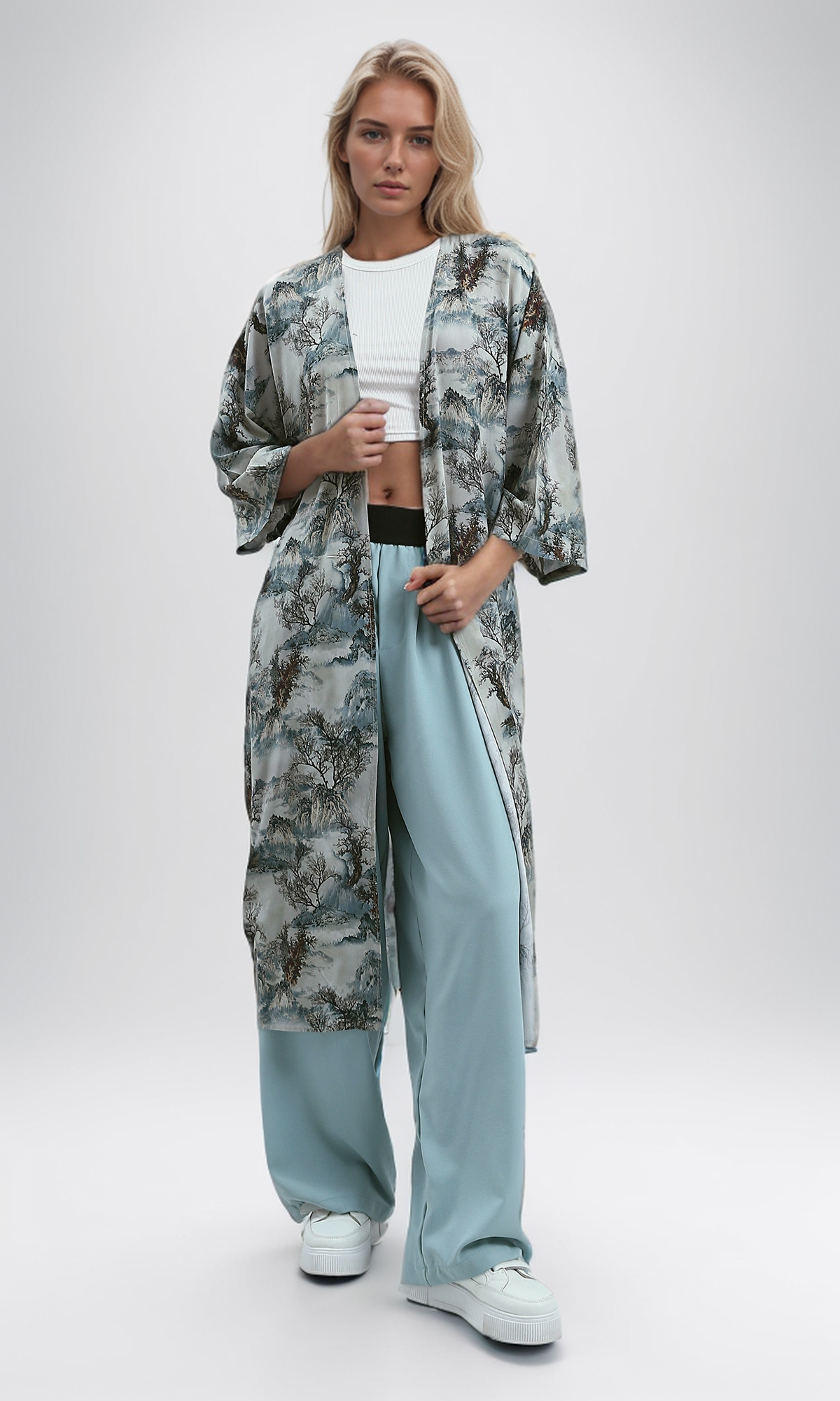 O191926 Blue & Beige Patterned Slip On Summer Kimono