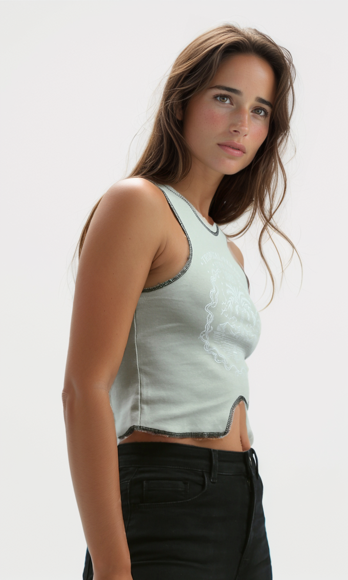 O192023 Sleeveless Regular Fit Khaki Stitched Top