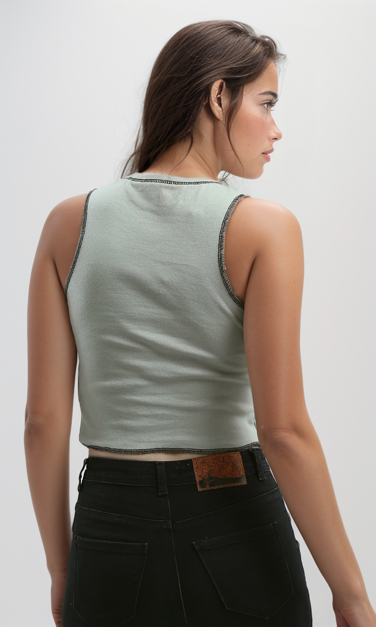 O192023 Sleeveless Regular Fit Khaki Stitched Top