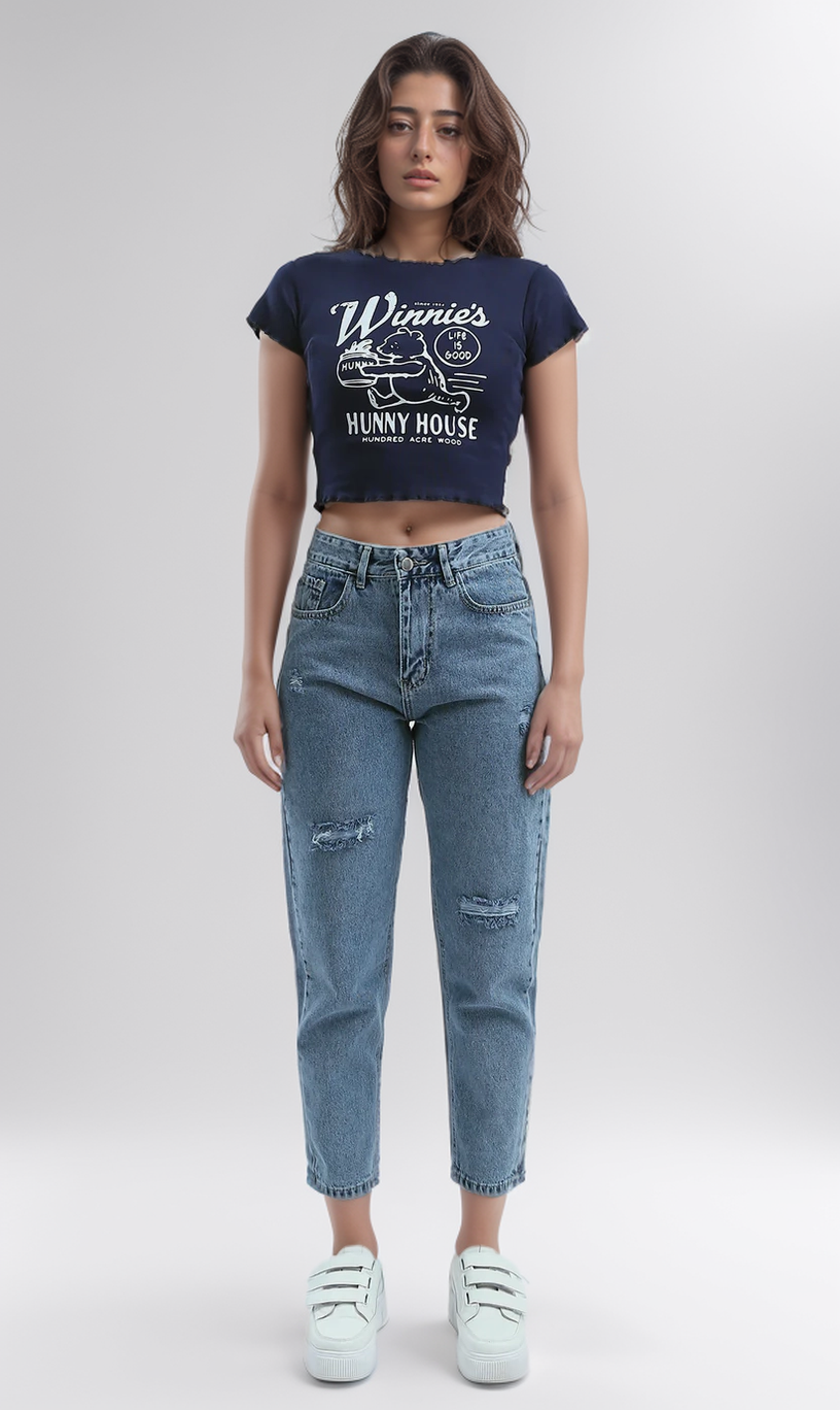 O192031  Lettuce Edge Navy Feminine Cropped Top