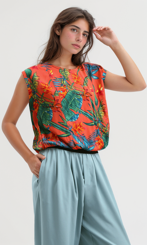 O192038 Crew Neck Multicolour Floral Sleeveless Tee