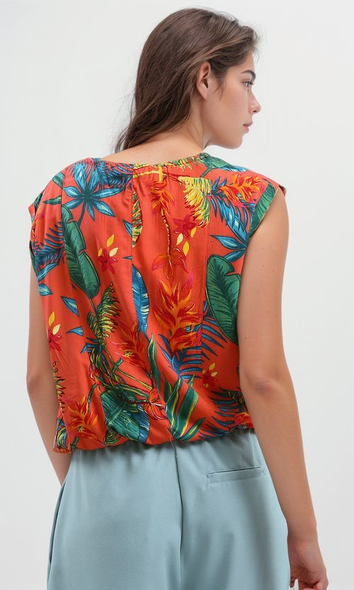 O192038 Crew Neck Multicolour Floral Sleeveless Tee