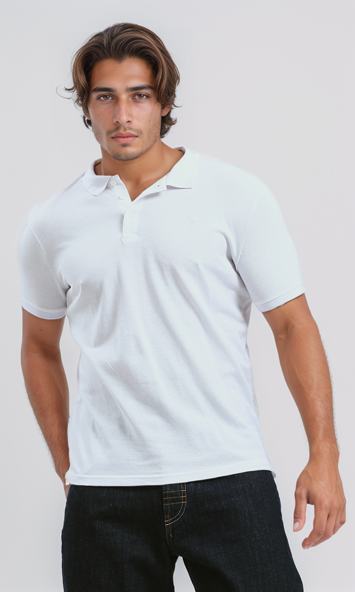 O192093 Buttoned Neck Short Sleeves White Polo Shirt