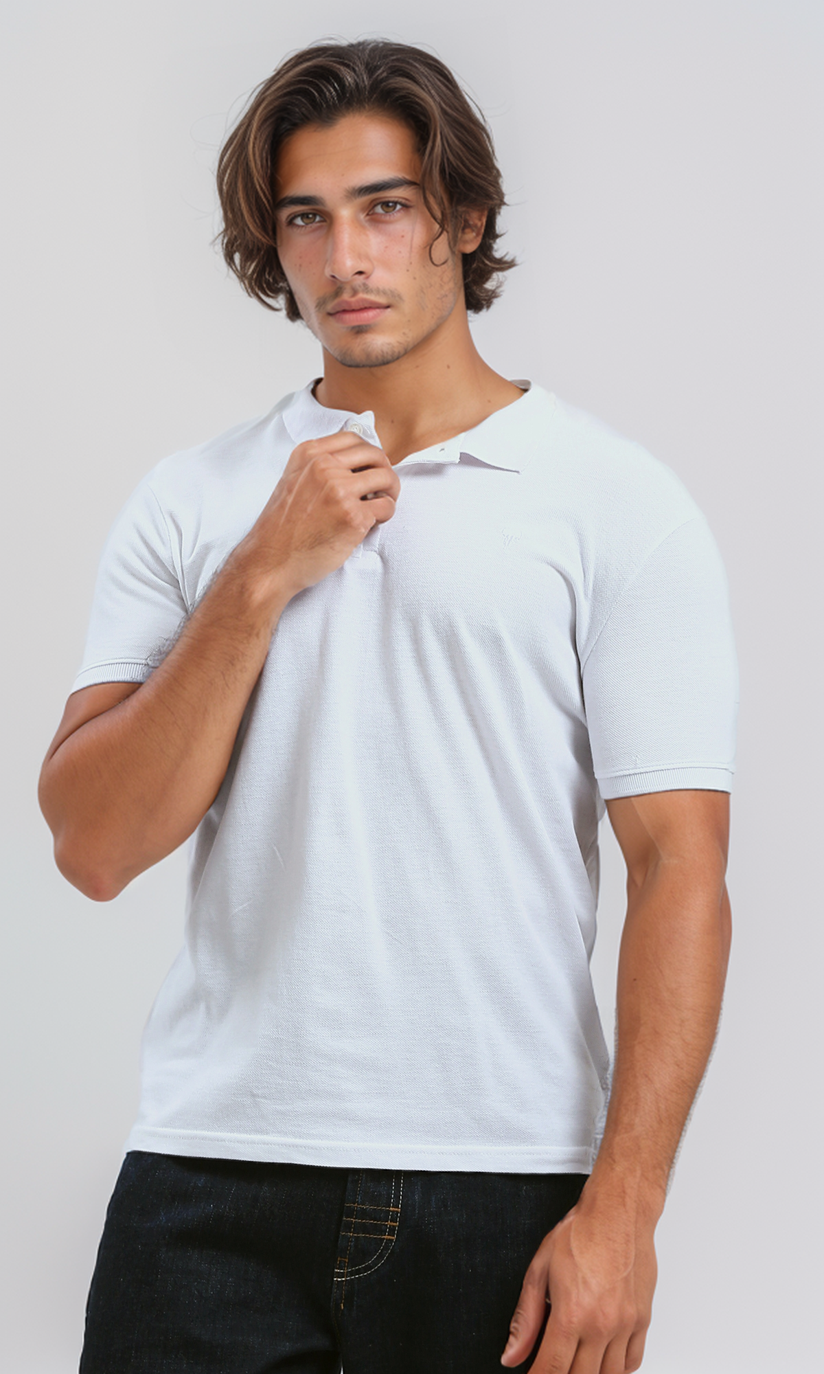 O192093 Buttoned Neck Short Sleeves White Polo Shirt