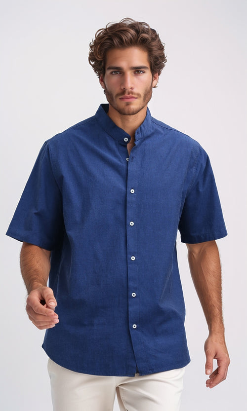 O192117 Mandarin Collar Short Sleeve Shirt - Navy