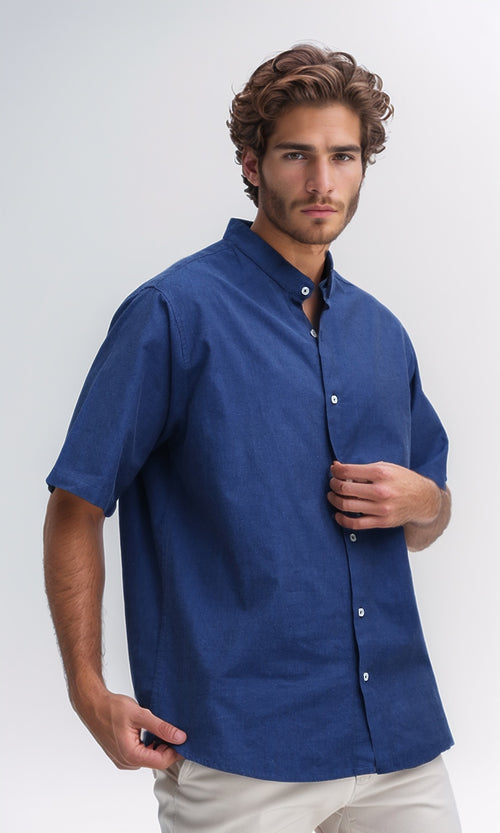 O192117 Mandarin Collar Short Sleeve Shirt - Navy