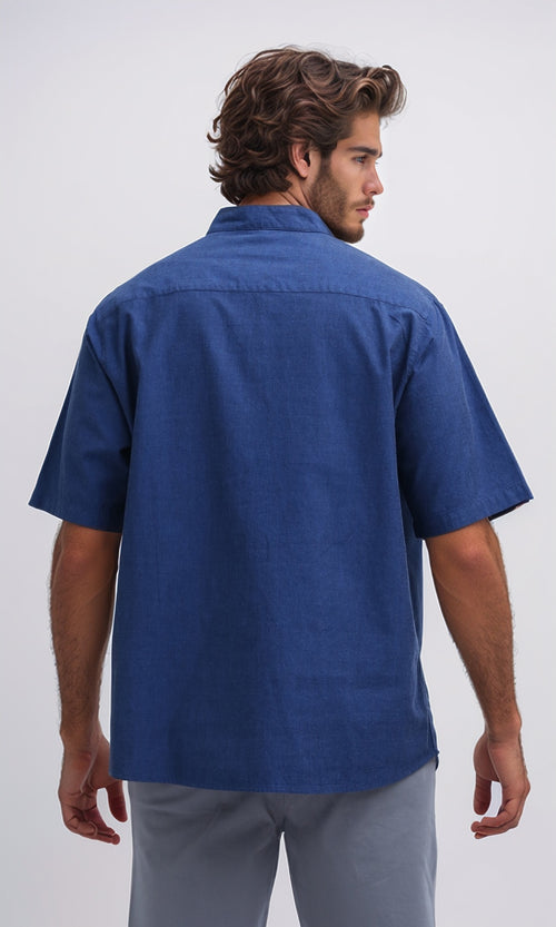 O192117 Mandarin Collar Short Sleeve Shirt - Navy