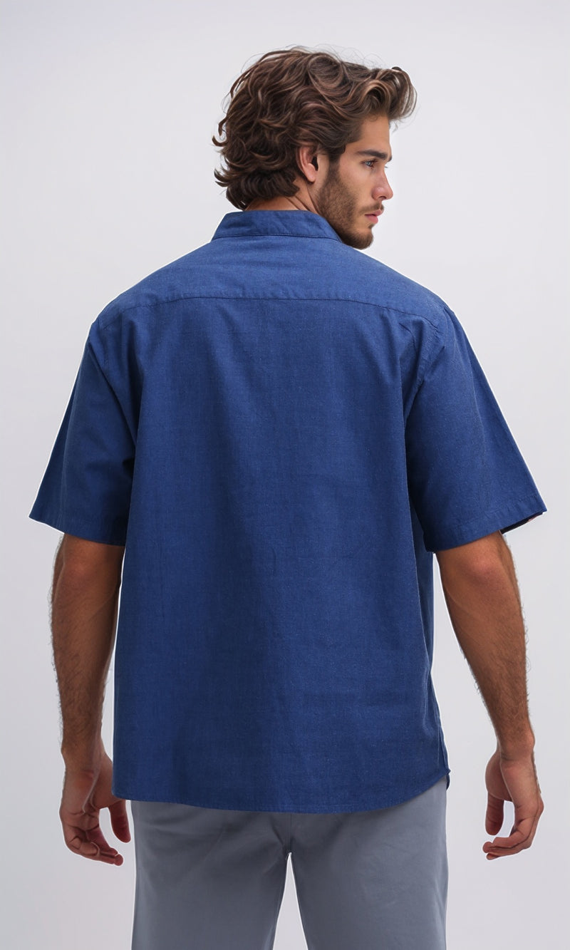 O192117 Mandarin Collar Short Sleeve Shirt - Navy