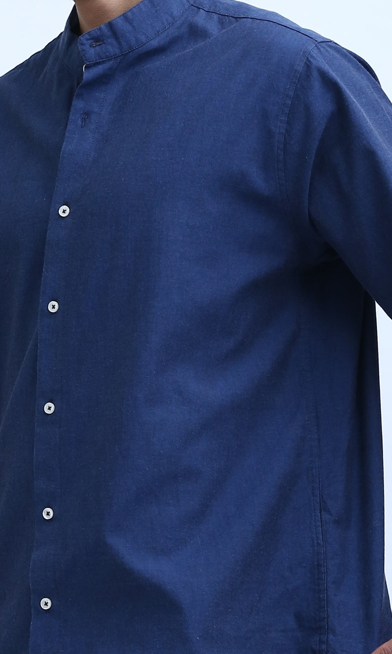 O192117 Mandarin Collar Short Sleeve Shirt - Navy