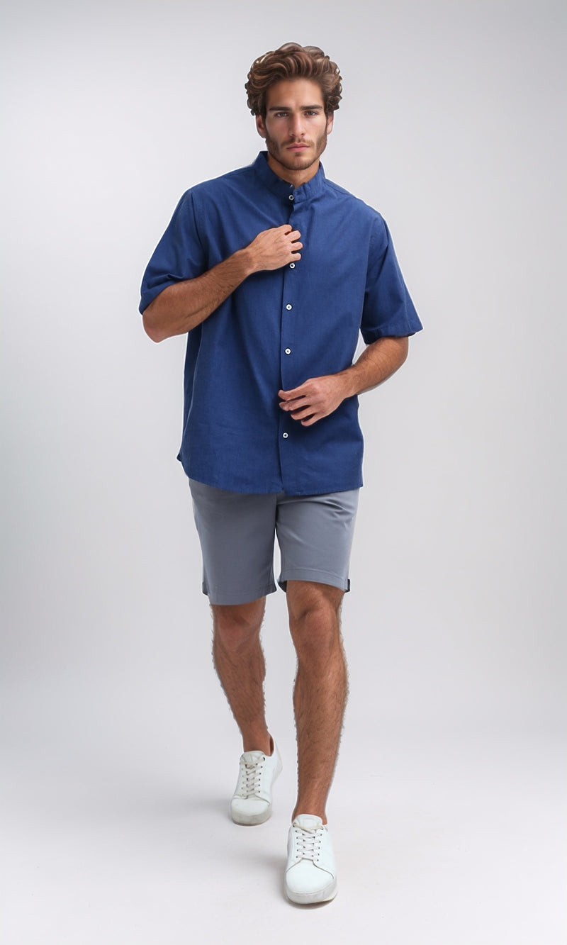 O192117 Mandarin Collar Short Sleeve Shirt - Navy