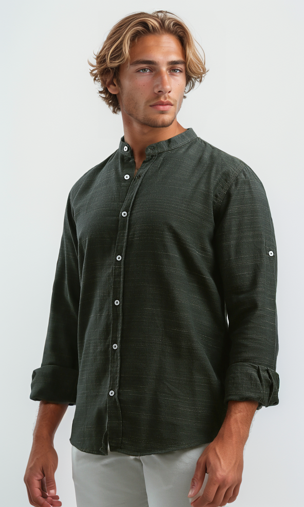 O192125 Heather Dark Khaki Shirt Mandarin Collar