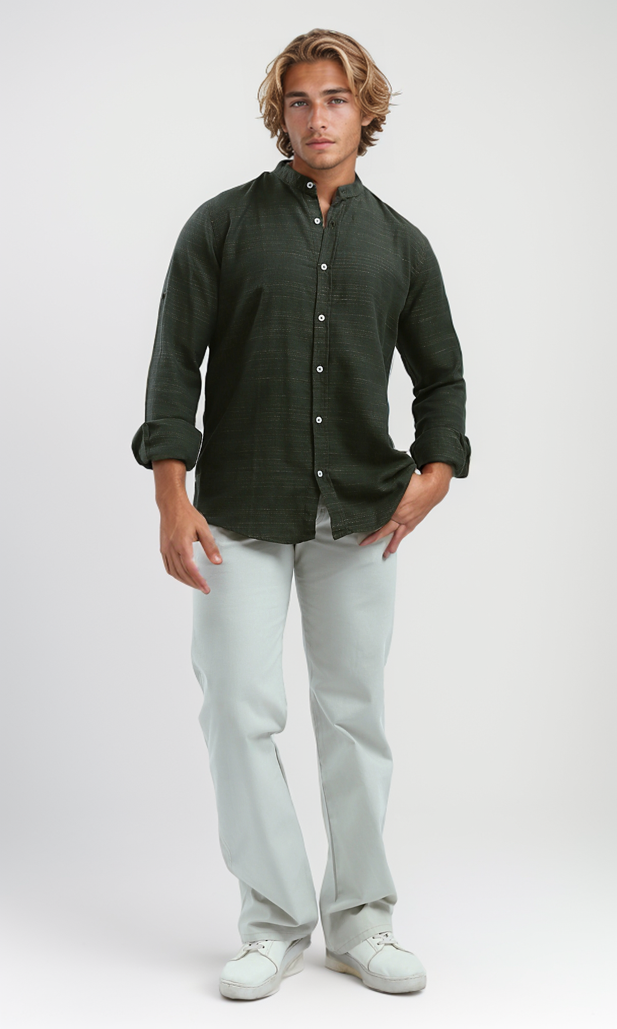 O192125 Heather Dark Khaki Shirt Mandarin Collar