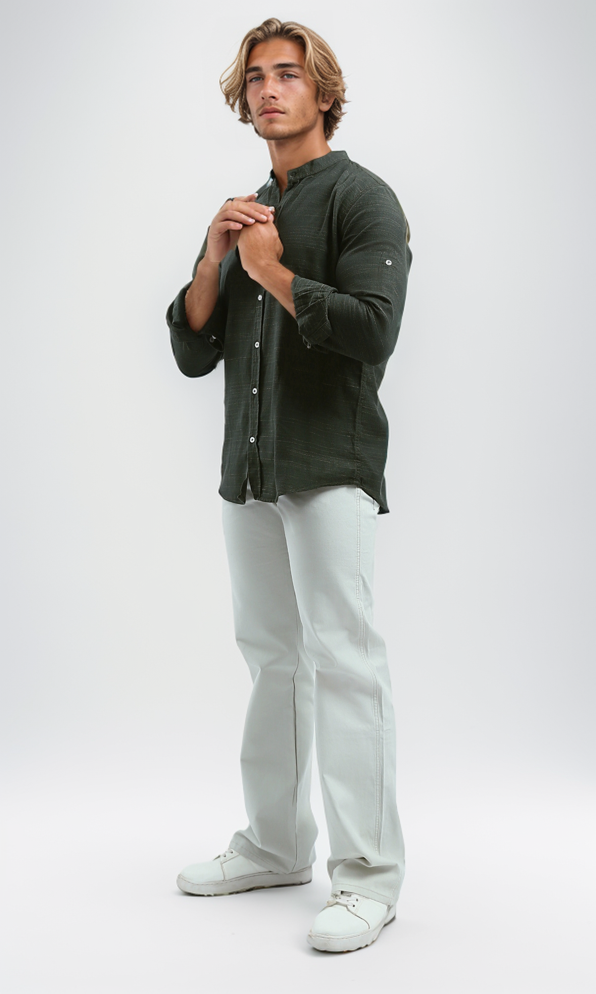 O192125 Heather Dark Khaki Shirt Mandarin Collar