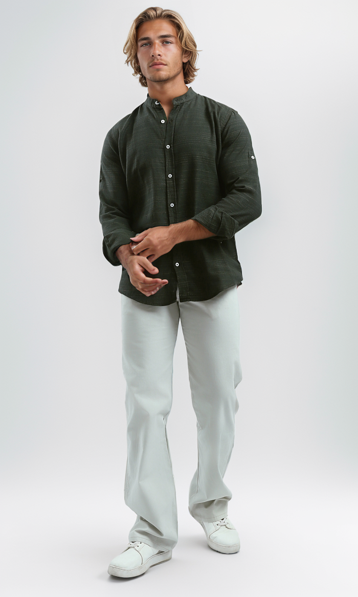 O192125 Heather Dark Khaki Shirt Mandarin Collar