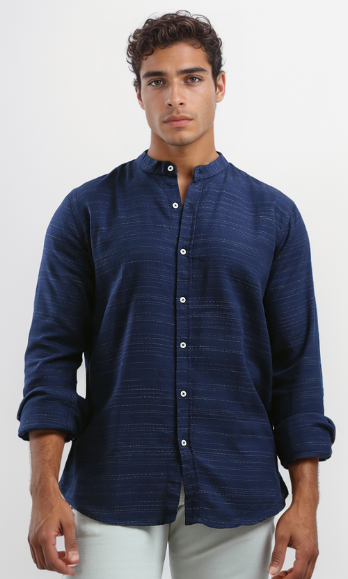 O192126 Mandarin Collar Casual Shirt Long Sleeves - Heather Navy