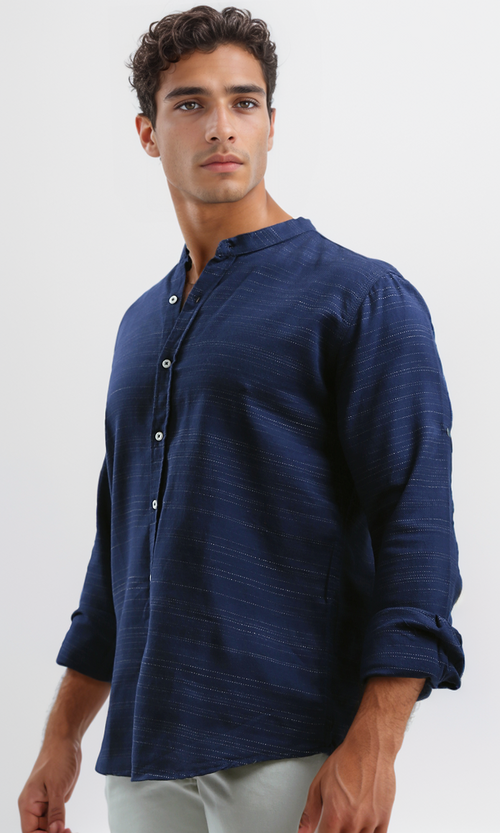 O192126 Mandarin Collar Casual Shirt Long Sleeves - Heather Navy