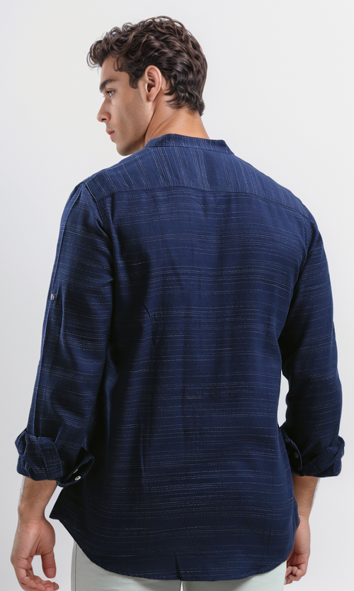 O192126 Mandarin Collar Casual Shirt Long Sleeves - Heather Navy