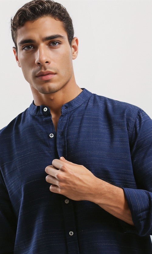 O192126 Mandarin Collar Casual Shirt Long Sleeves - Heather Navy