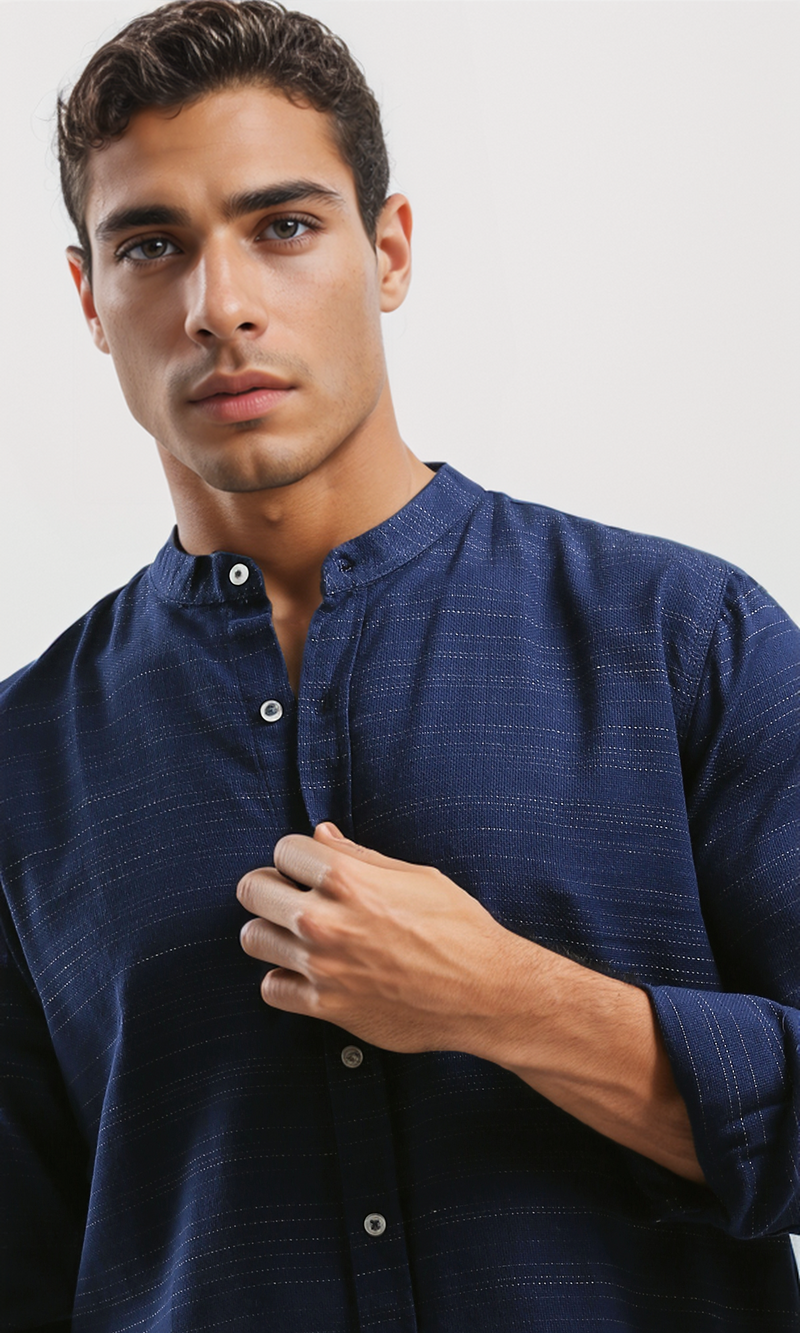 O192126 Mandarin Collar Casual Shirt Long Sleeves - Heather Navy