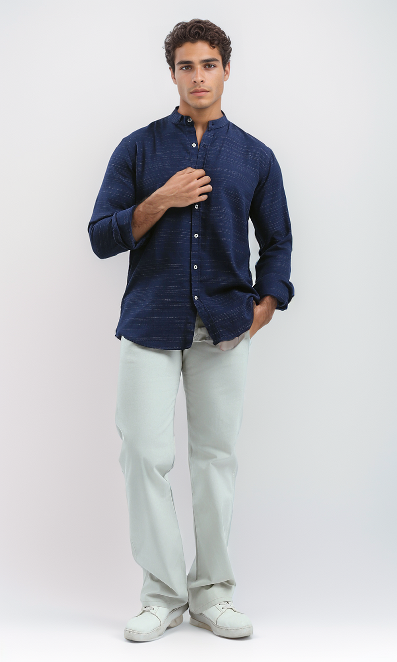 O192126 Mandarin Collar Casual Shirt Long Sleeves - Heather Navy