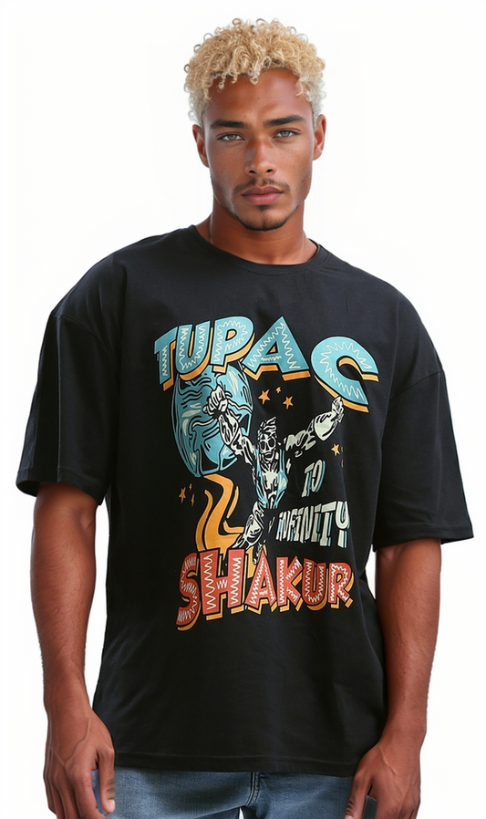 O192160 'Tupac'' Printed Round Neck Black Casual Summer Tee