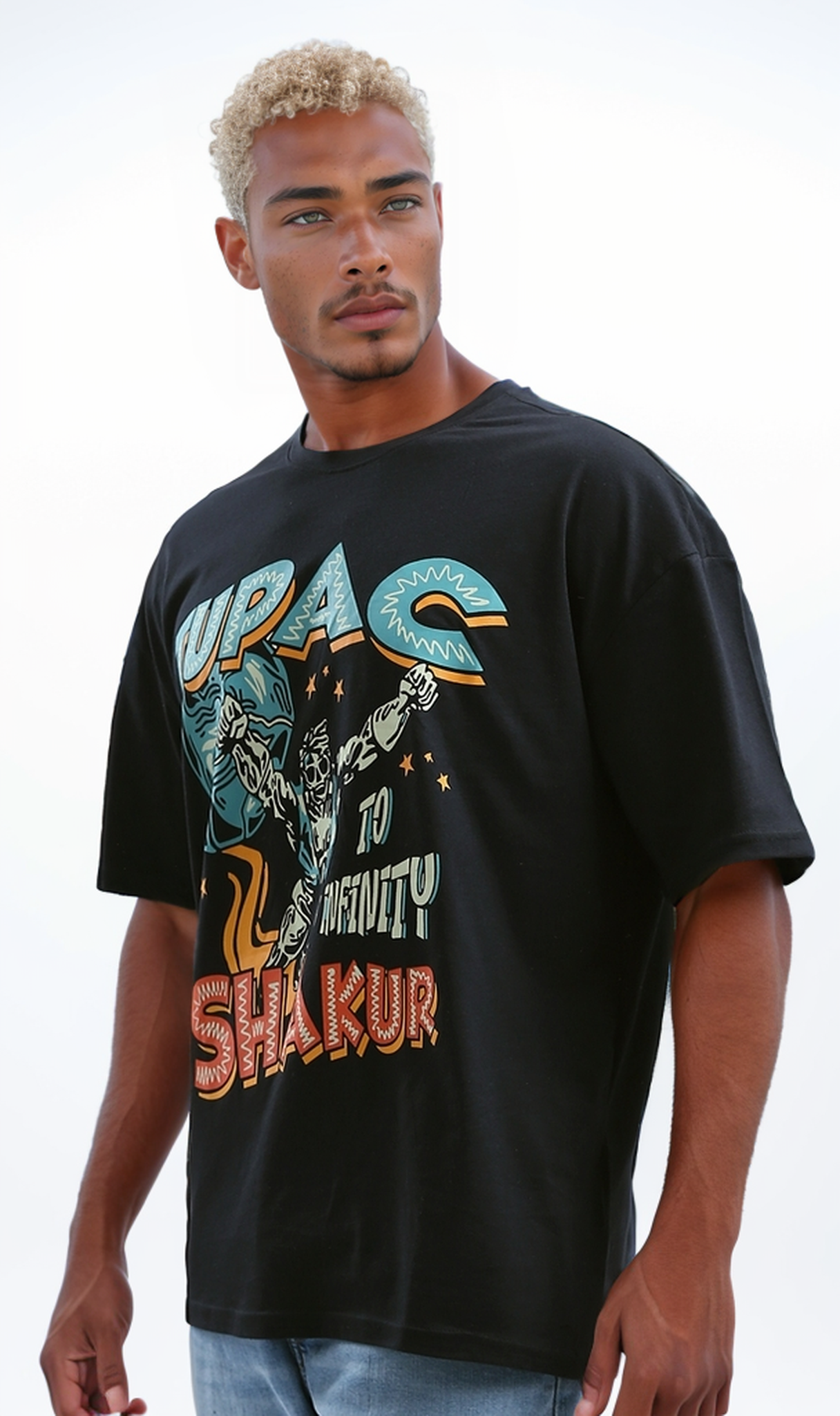 O192160 'Tupac'' Printed Round Neck Black Casual Summer Tee