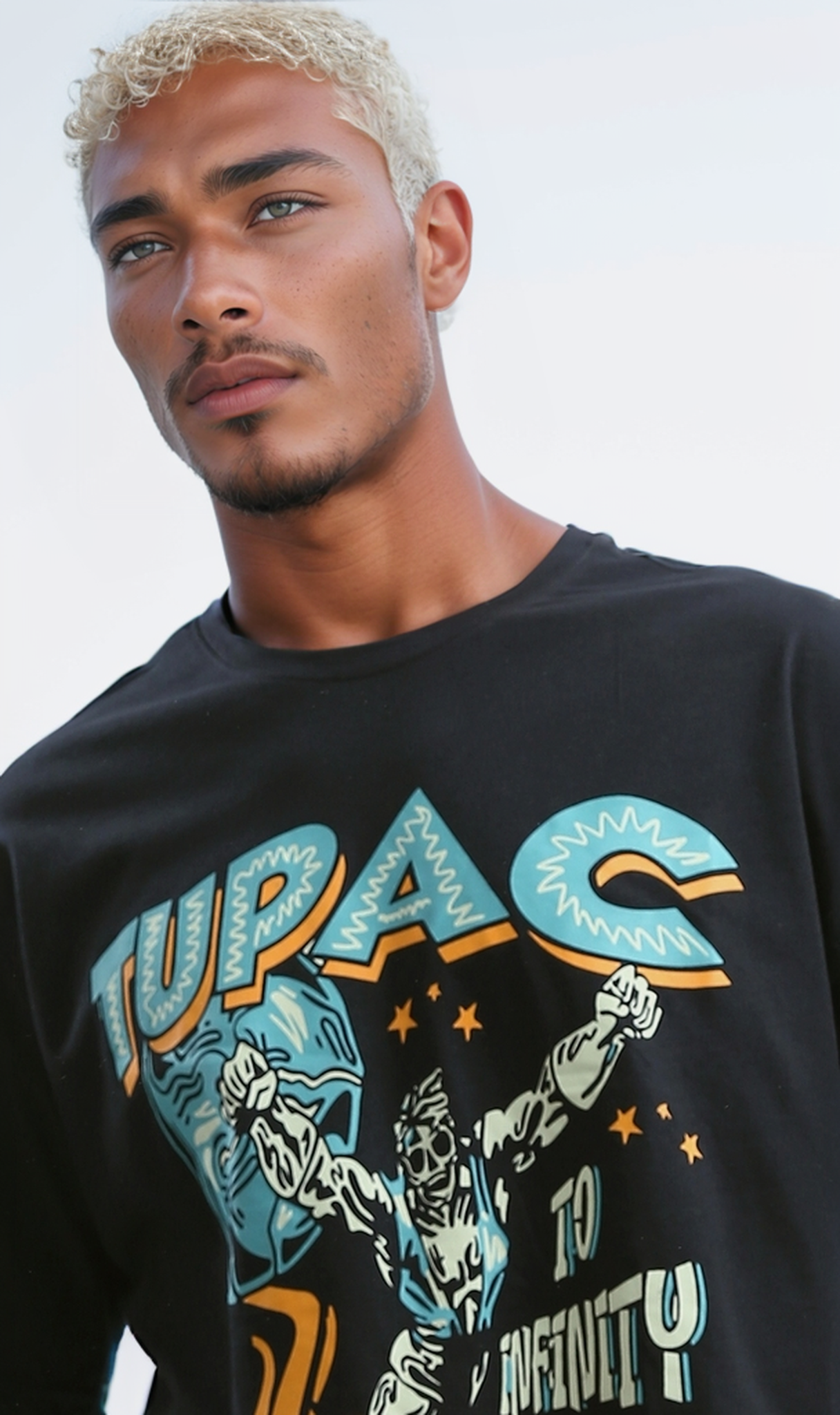 O192160 'Tupac'' Printed Round Neck Black Casual Summer Tee