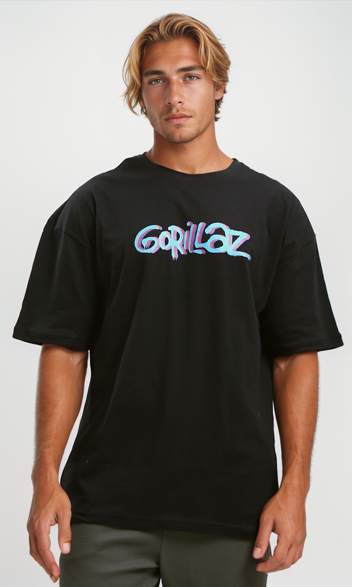 O192162 Colorful Printed "Gorillaz" Black Cotton Tee