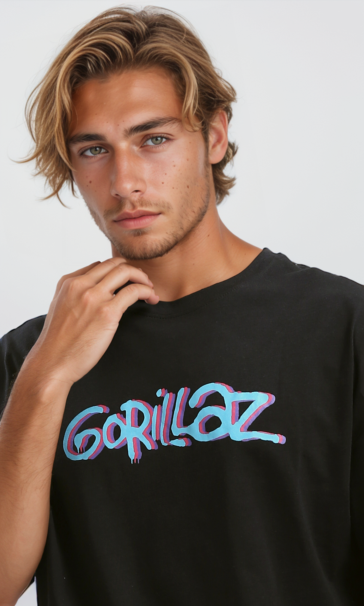 O192162 Colorful Printed "Gorillaz" Black Cotton Tee