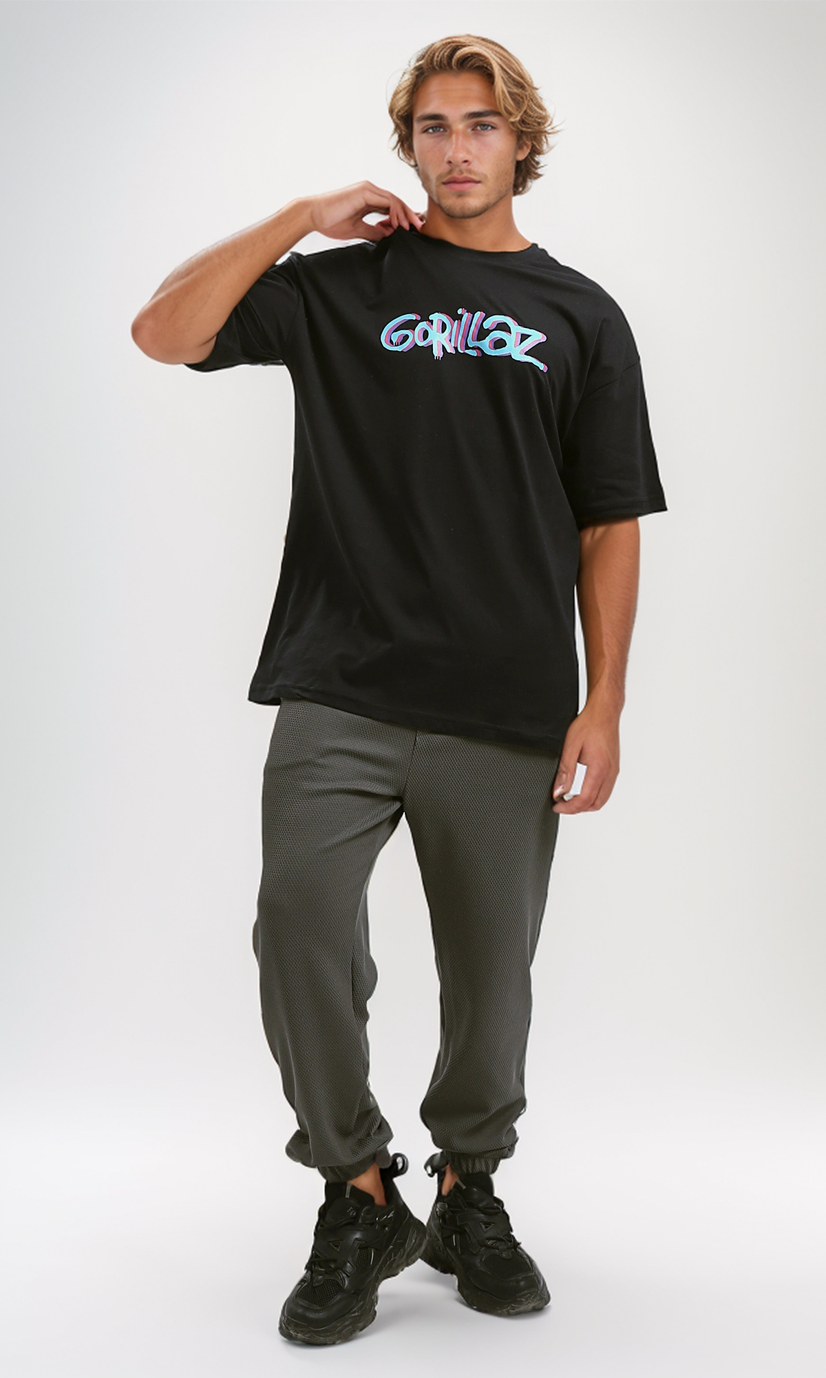 O192162 Colorful Printed "Gorillaz" Black Cotton Tee