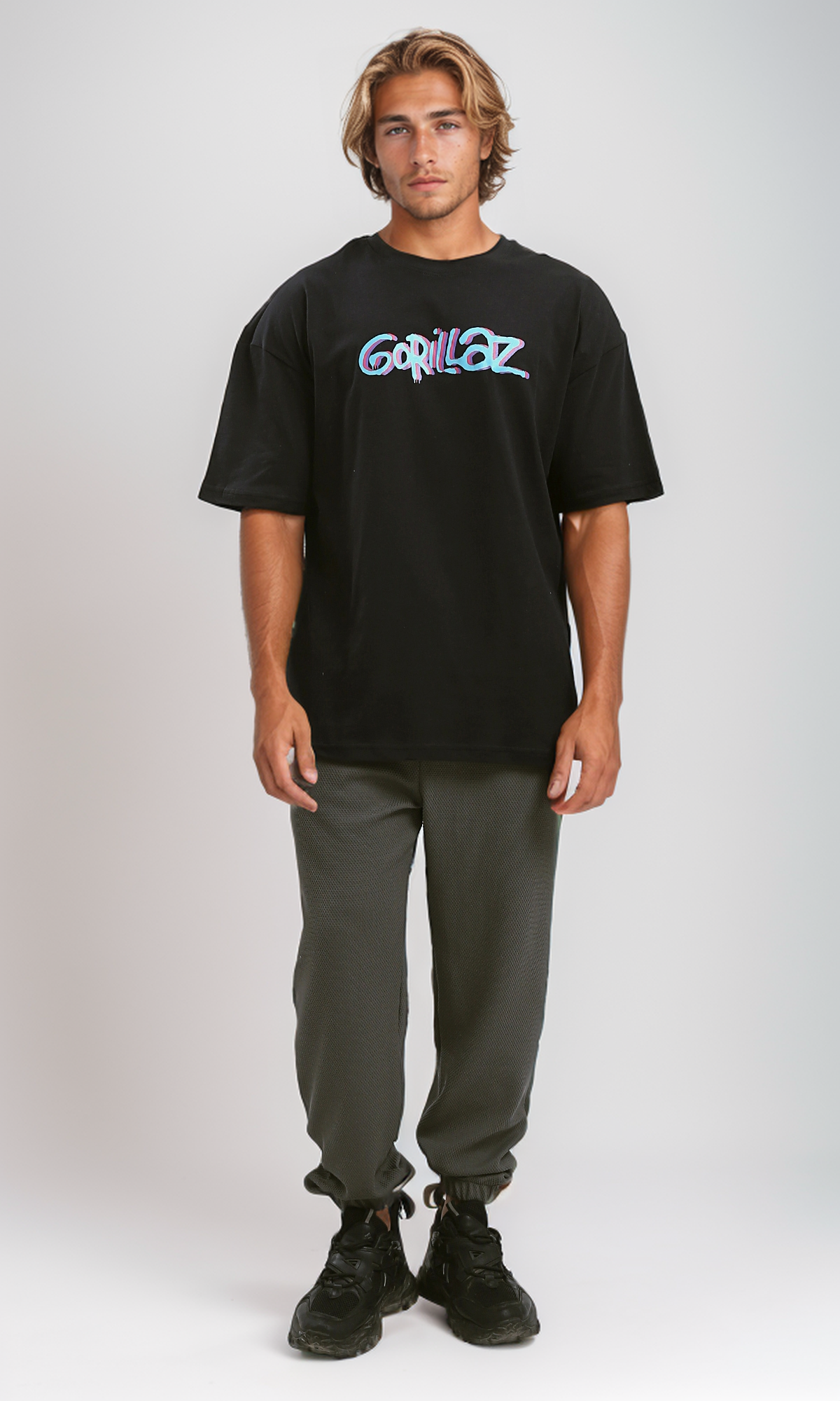 O192162 Colorful Printed "Gorillaz" Black Cotton Tee