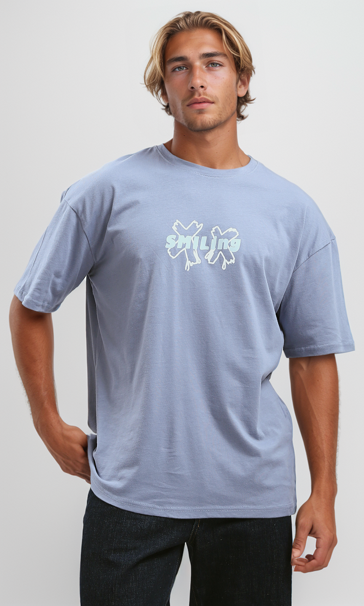 O192169 Printed "Smiling" Baby Blue Cotton Tee