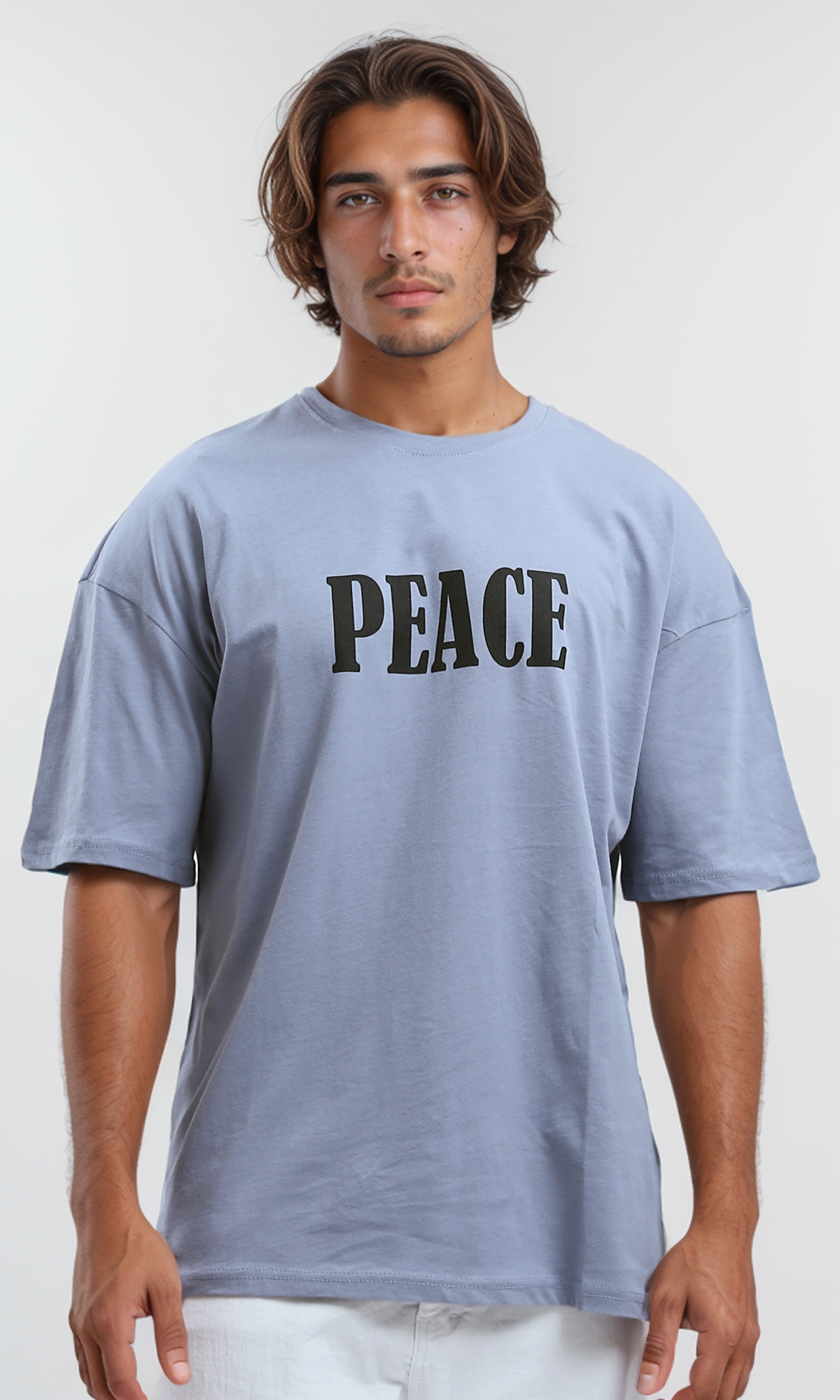 O192170 Relaxed Fit Baby Blue Tee With "Peace" Print