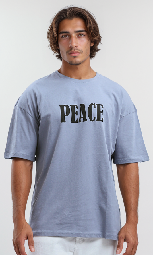 O192170 Relaxed Fit Baby Blue Tee With "Peace" Print