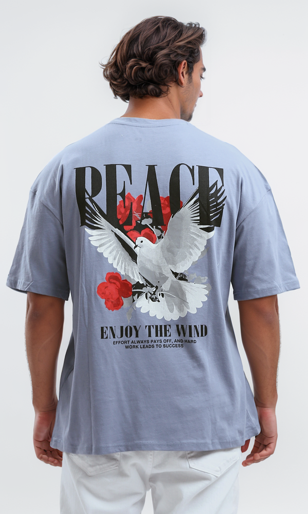 O192170 Relaxed Fit Baby Blue Tee With "Peace" Print