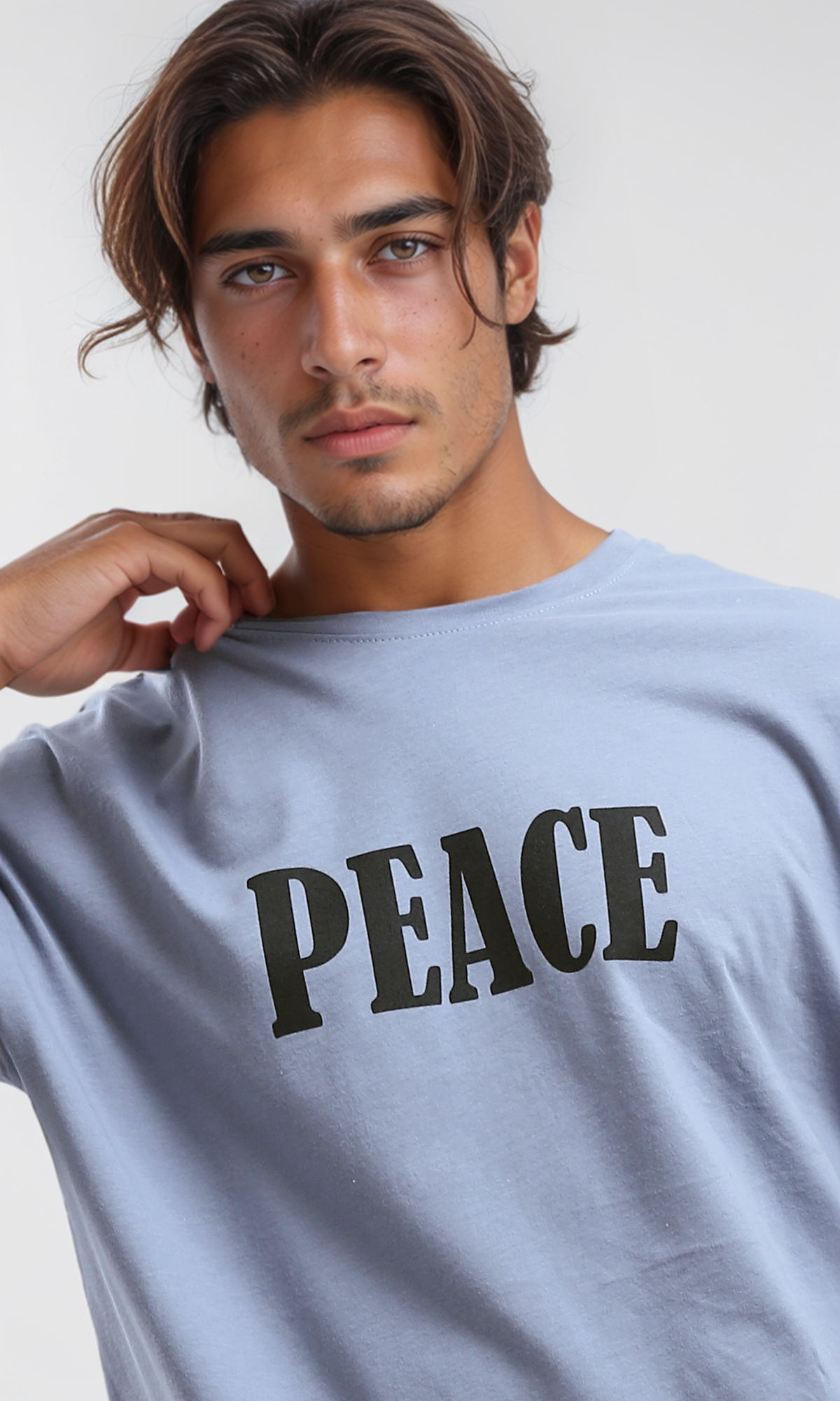 O192170 Relaxed Fit Baby Blue Tee With "Peace" Print