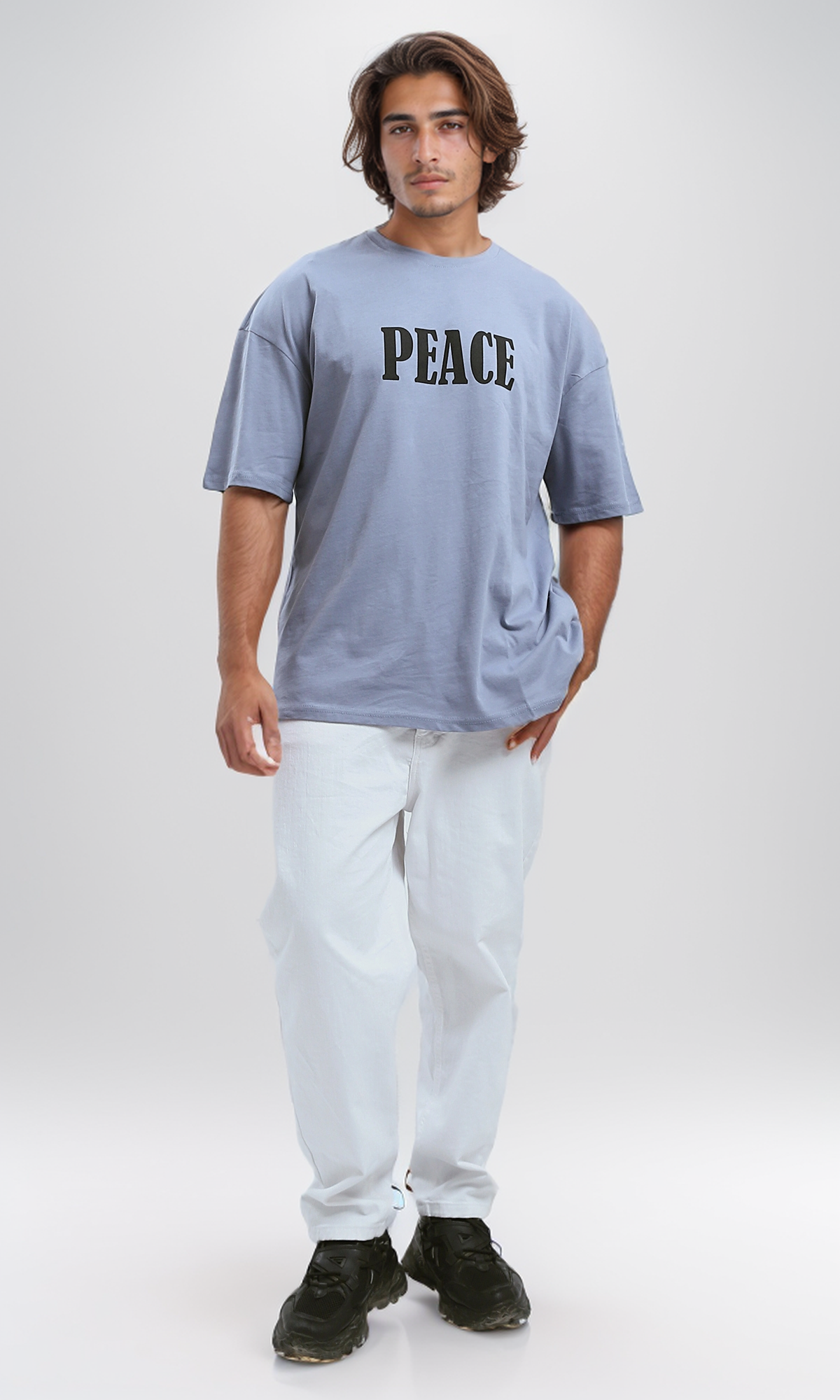 O192170 Relaxed Fit Baby Blue Tee With "Peace" Print