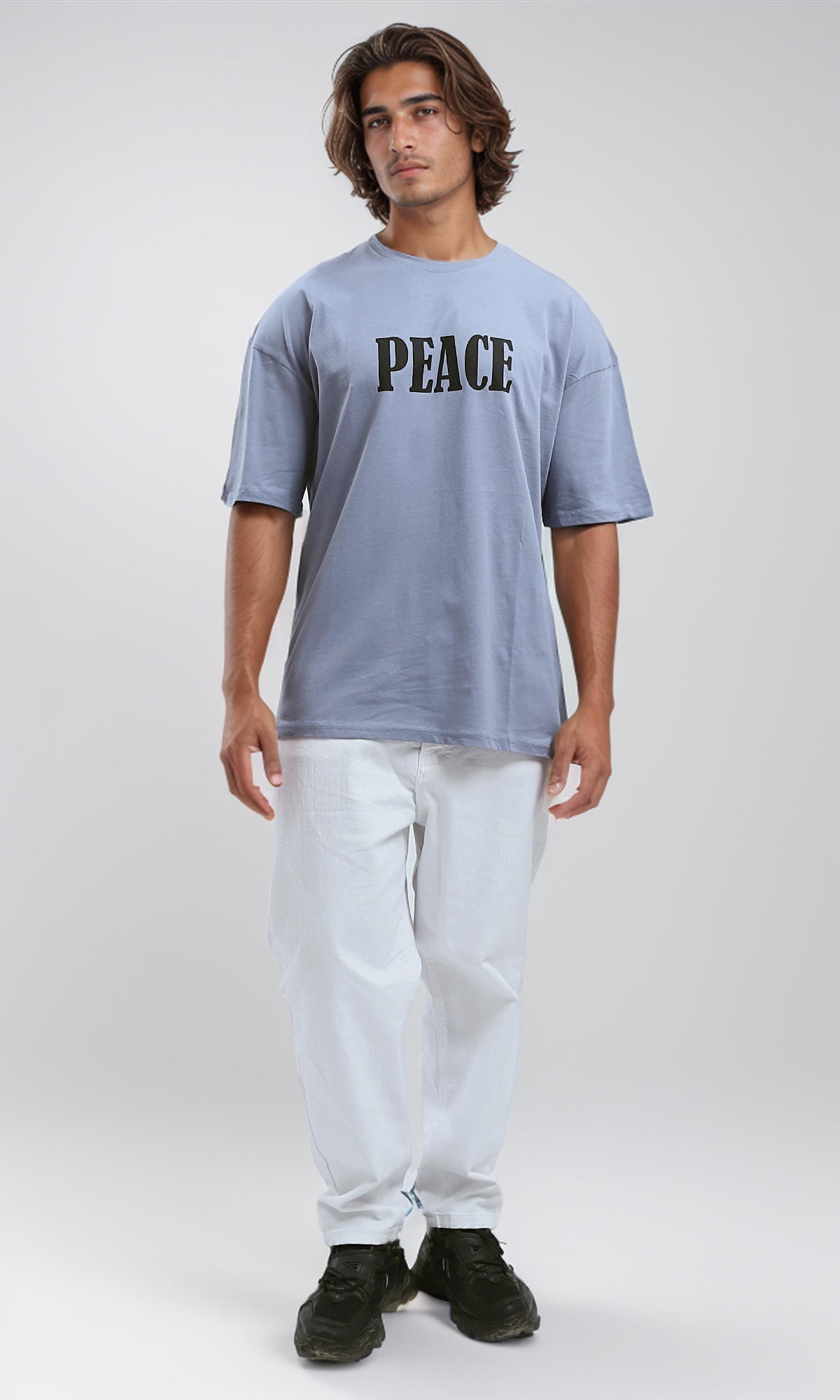 O192170 Relaxed Fit Baby Blue Tee With "Peace" Print