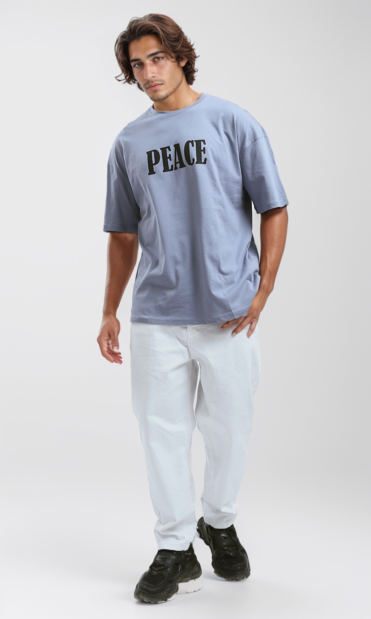 O192170 Relaxed Fit Baby Blue Tee With "Peace" Print