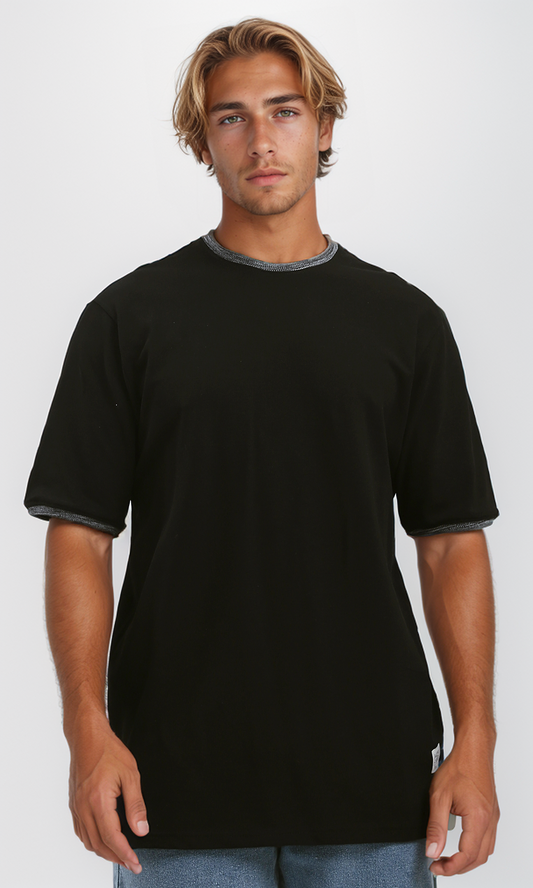 O192173 Solid Black Cotton Tee With Heather Grey Neck