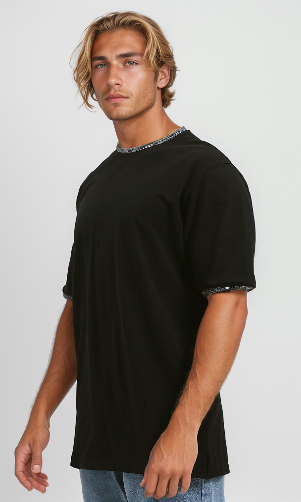 O192173 Solid Black Cotton Tee With Heather Grey Neck