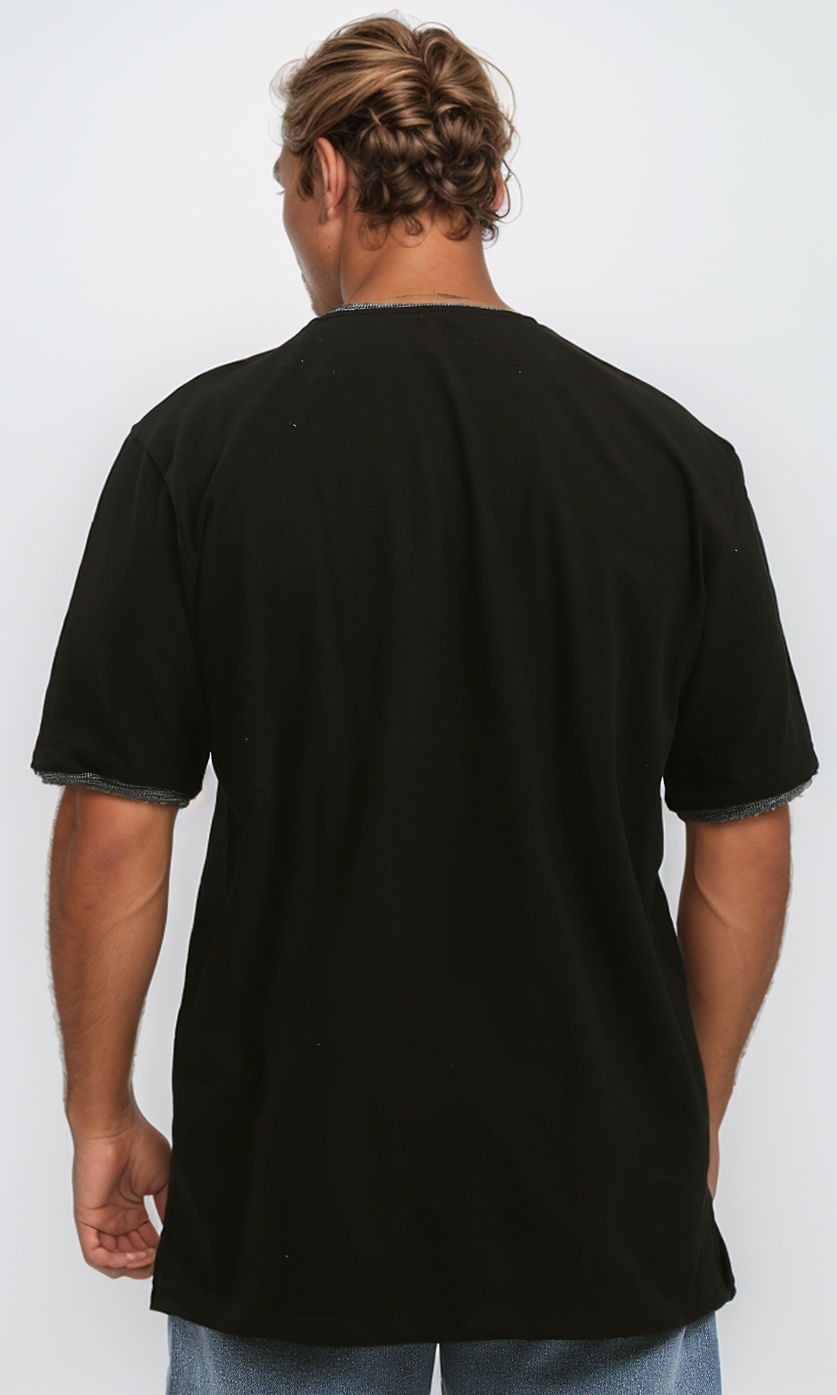 O192173 Solid Black Cotton Tee With Heather Grey Neck