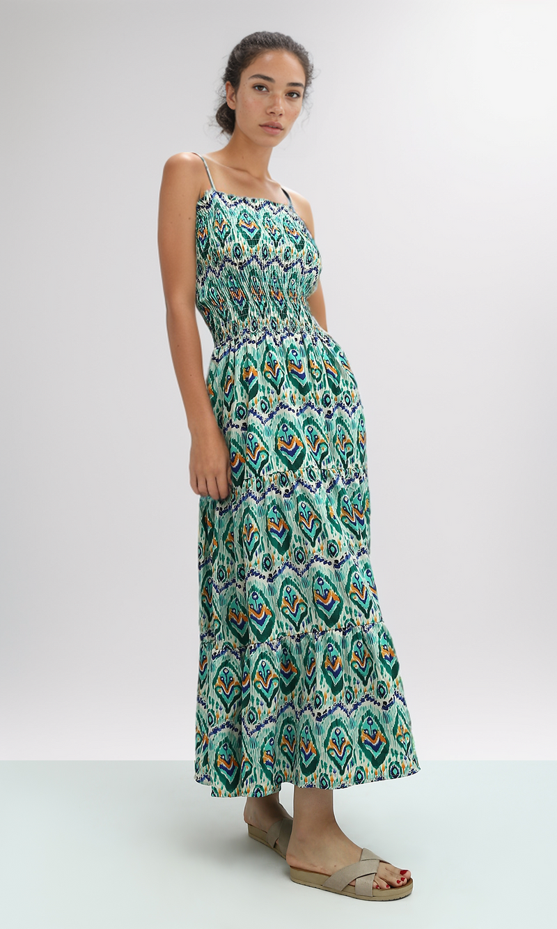 O192255 Green & Blue Ruffle Sleeveless Midi Dress