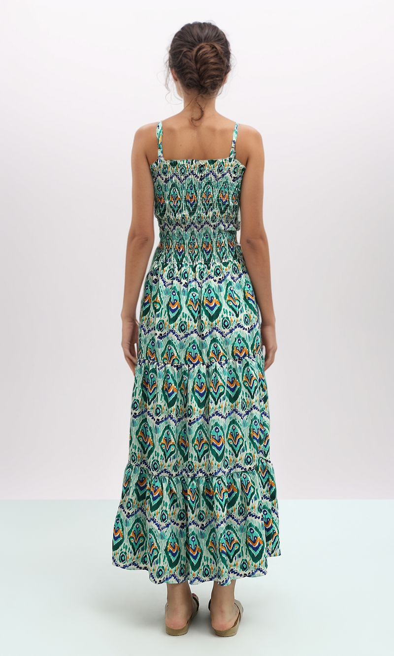 O192255 Green & Blue Ruffle Sleeveless Midi Dress