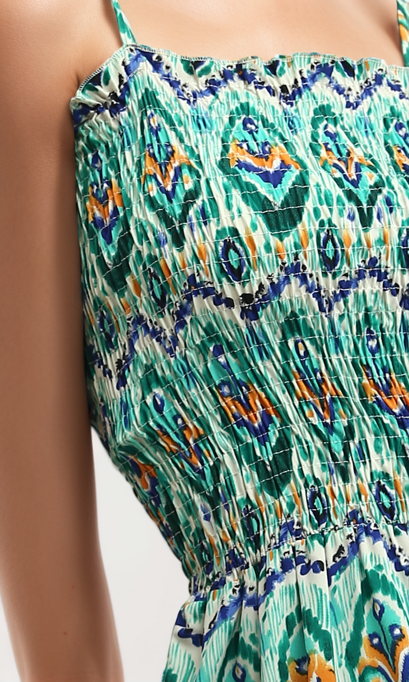 O192255 Green & Blue Ruffle Sleeveless Midi Dress