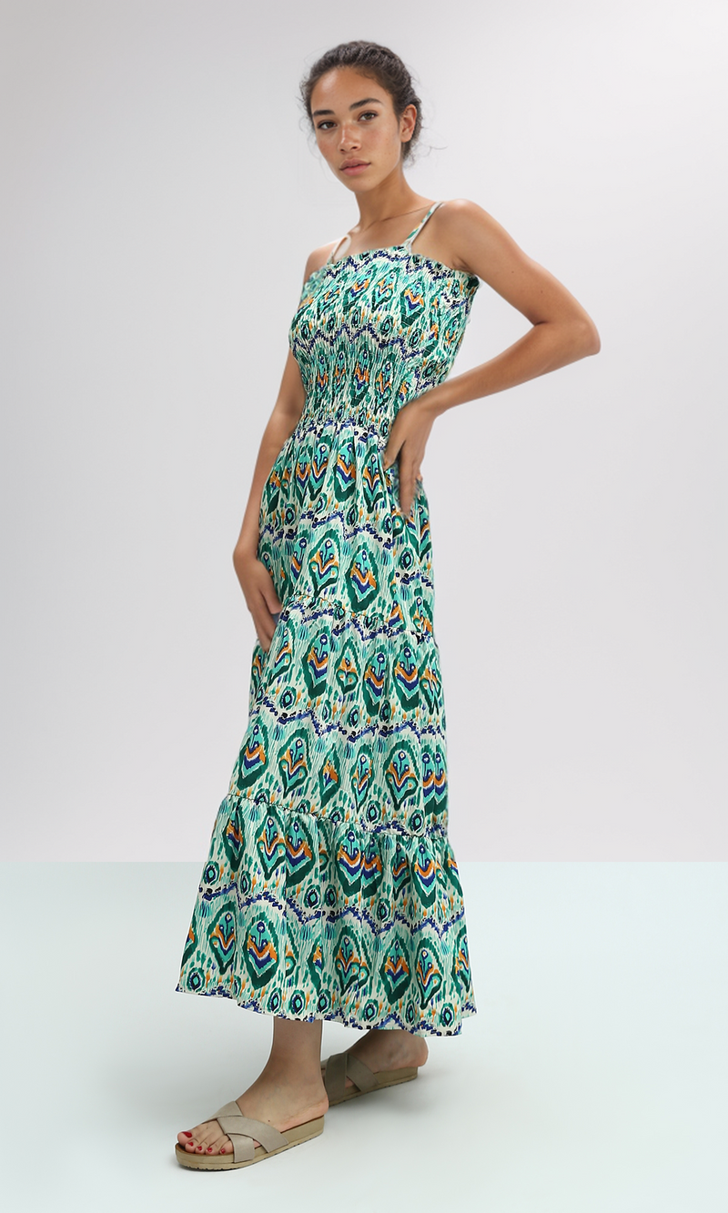 O192255 Green & Blue Ruffle Sleeveless Midi Dress
