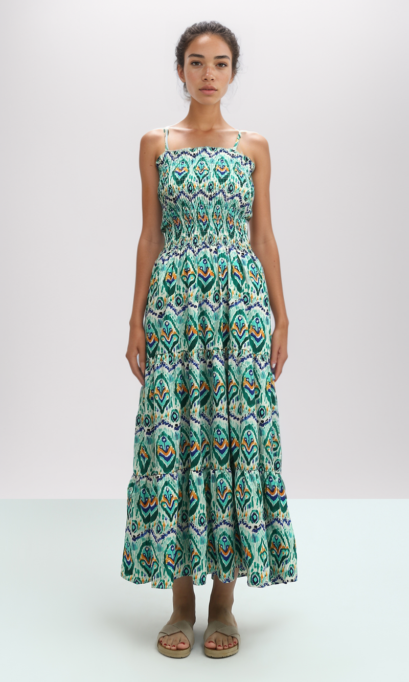 O192255 Green & Blue Ruffle Sleeveless Midi Dress