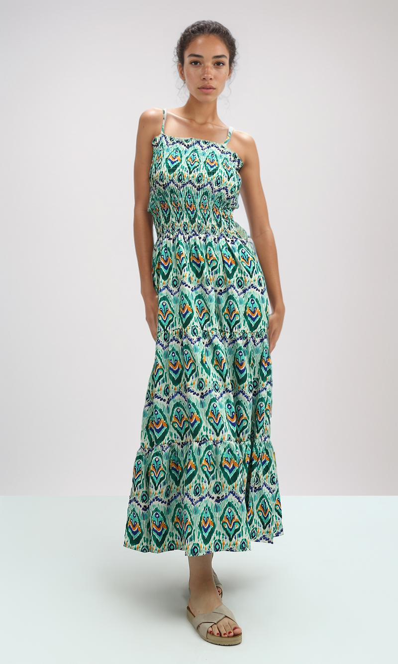 O192255 Green & Blue Ruffle Sleeveless Midi Dress