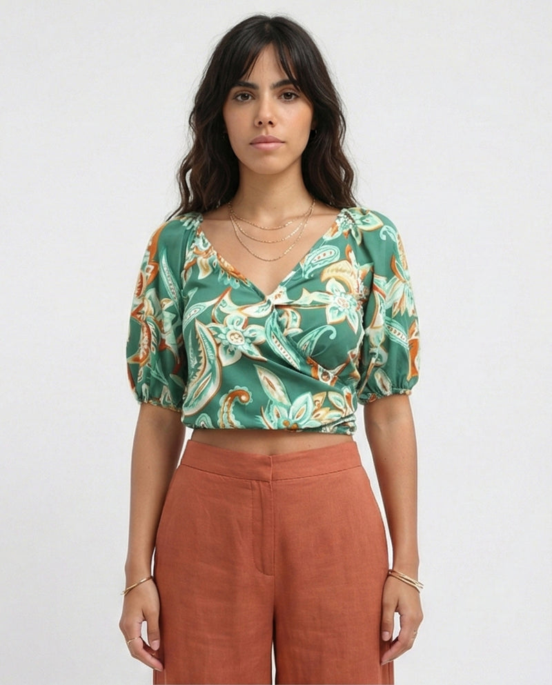 O192258 Green & White Women'S Summer V Neck Cropped Top