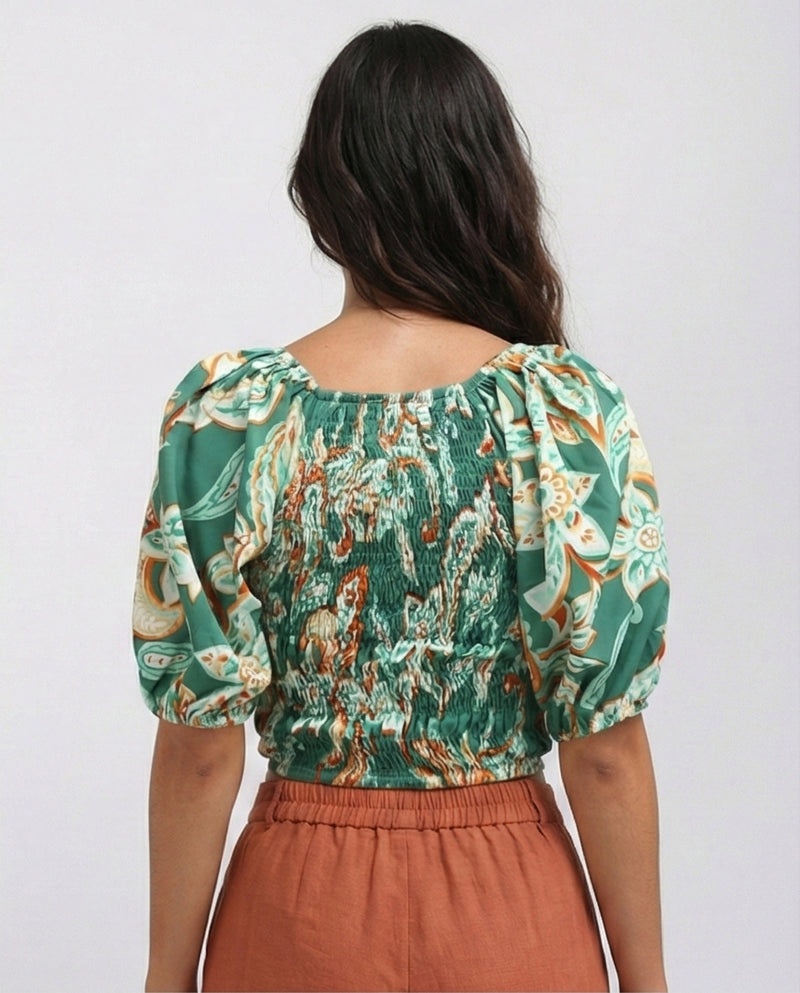 O192258 Green & White Women'S Summer V Neck Cropped Top